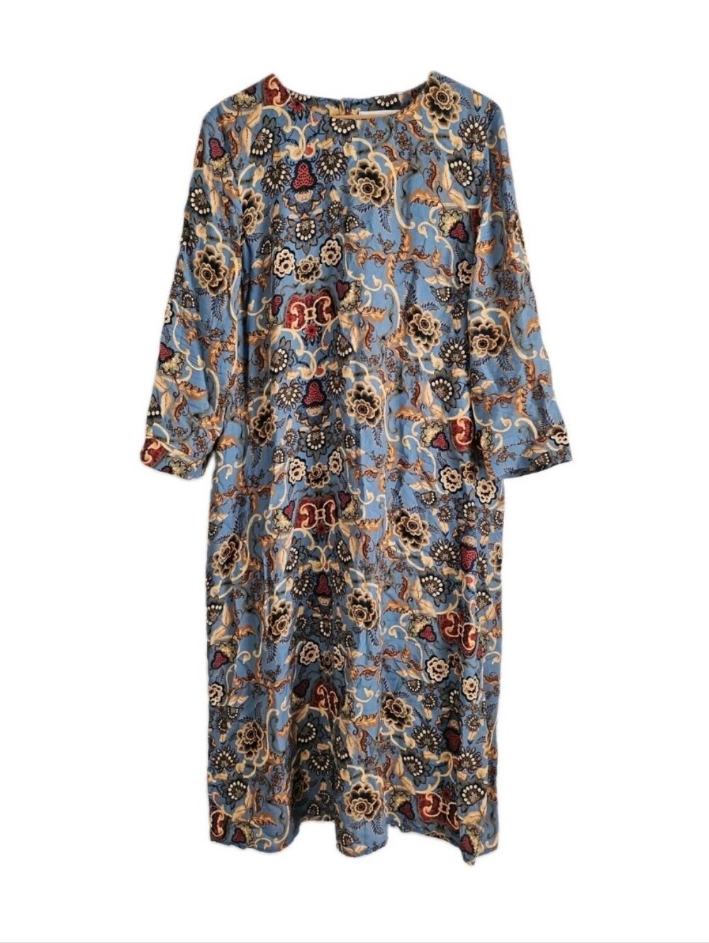 Provincial Tunic Dress Womens Size M  Blue Brown Floral Pockets Long Sleeve